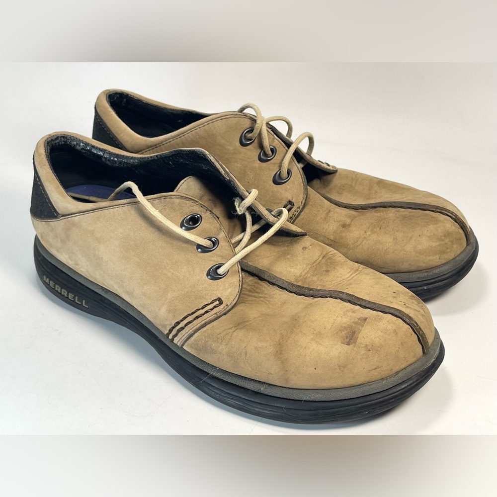 Merrell Topo Stitch Stone Oxford Shoes Brown Split Toe Lace Up Leather Mens 8.5